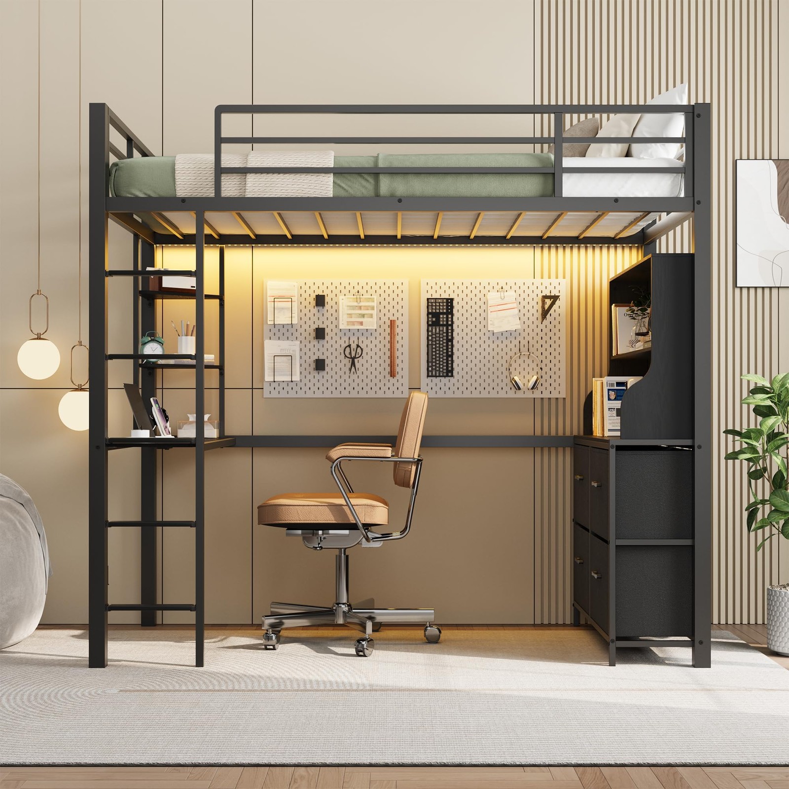 Twin Size Loft Bed with Desk & Charging Station, 350 lbs Metal Frame w/ Ladder