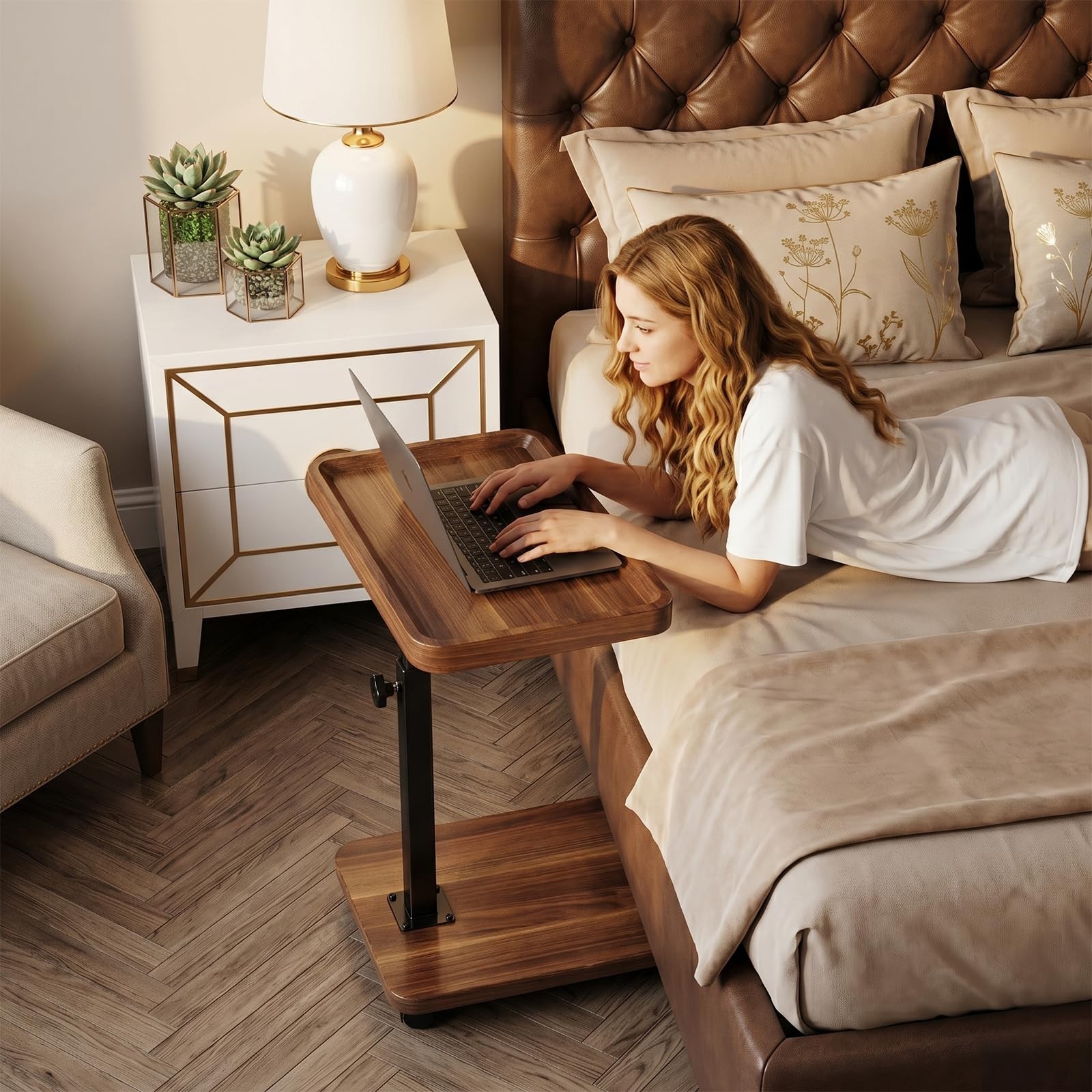 C Table Swivel Tray Adjustable Height Rolling Side Table Walnut Bed Couch