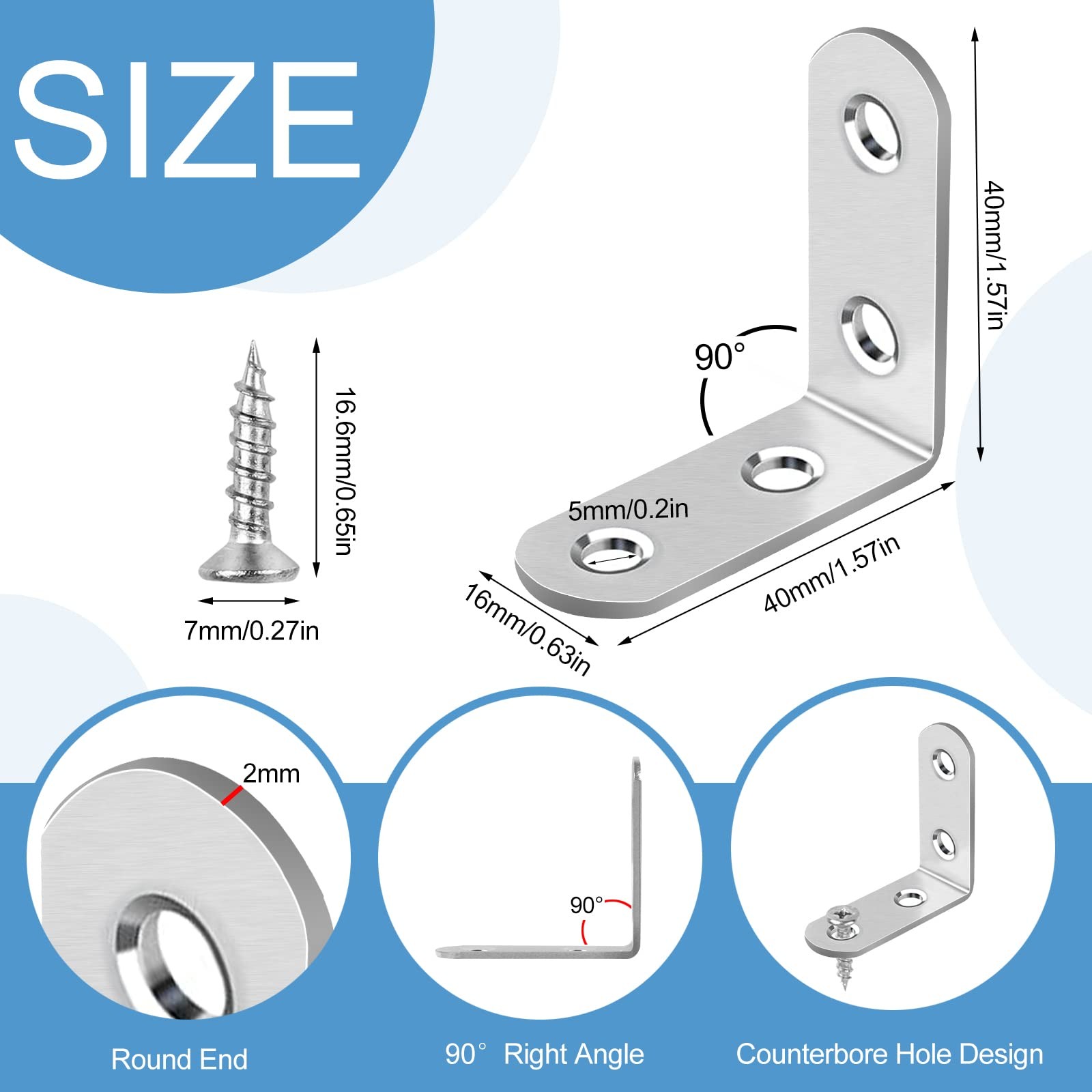 16 Pcs Stainless Steel L Bracket Corner Brace Sets 90 Degree for Wood Shelves