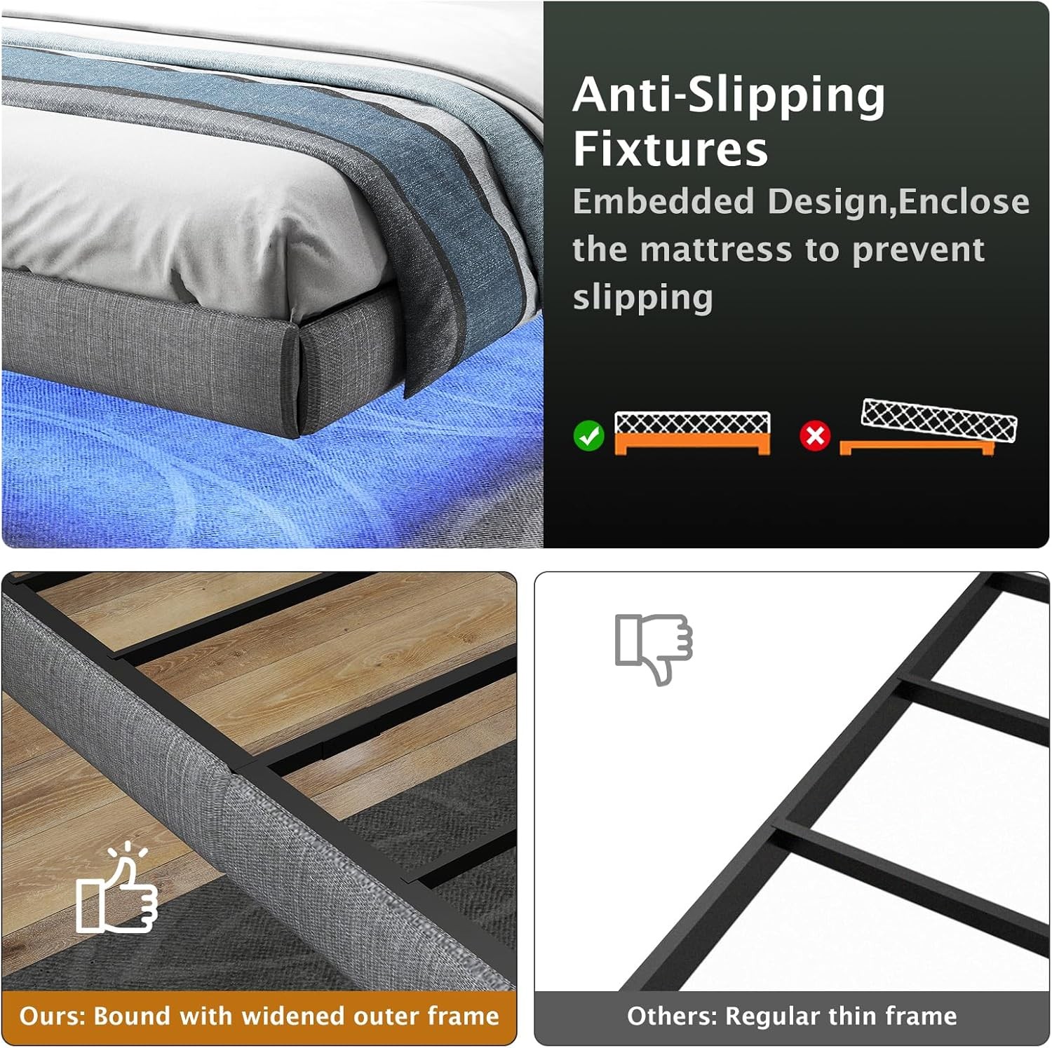 Floating Metal Bed Frame King with LED Lights, King Bed Frame Grey