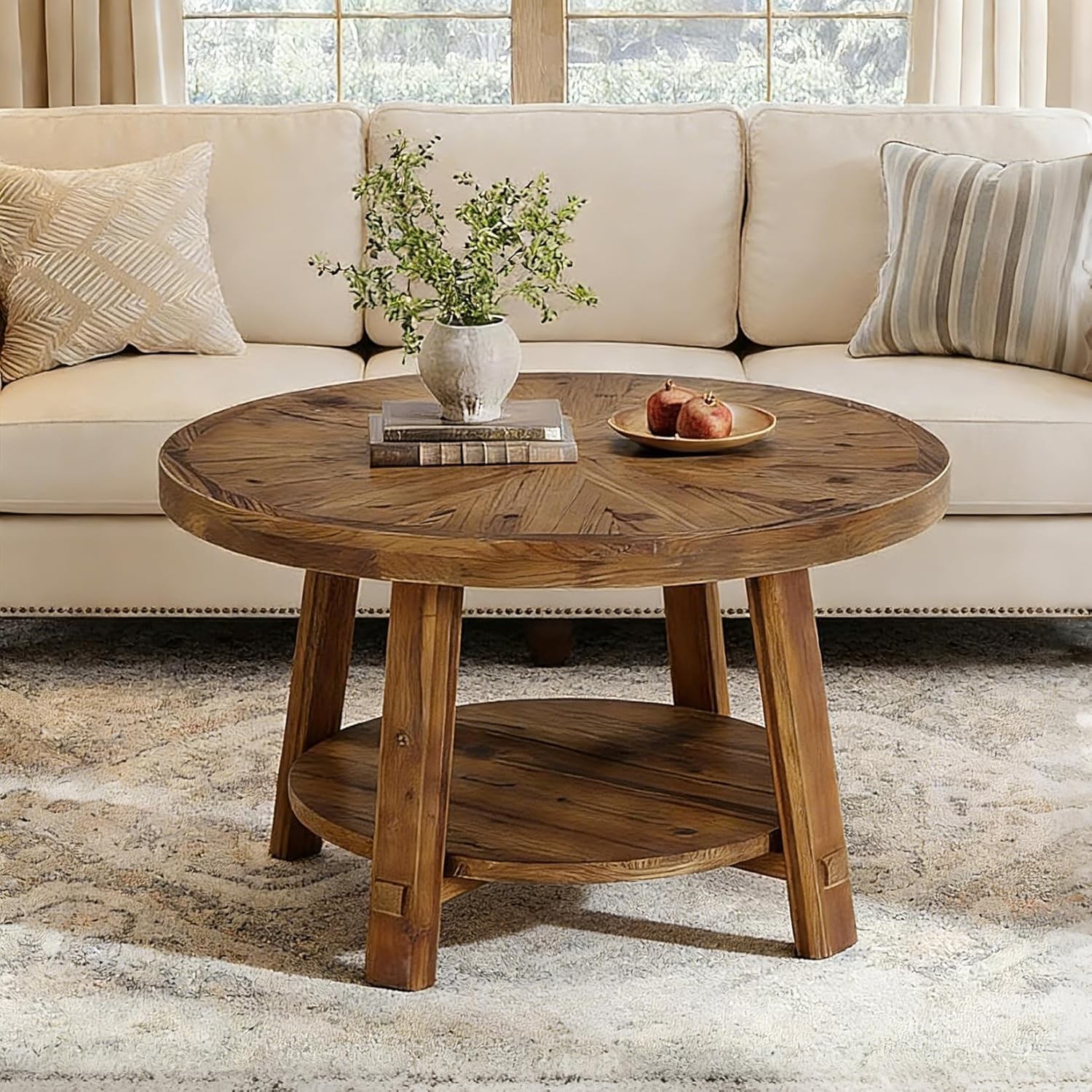 Solid Wood Round Coffee Table, 2-Tier Farmhouse Center Table for Living Room