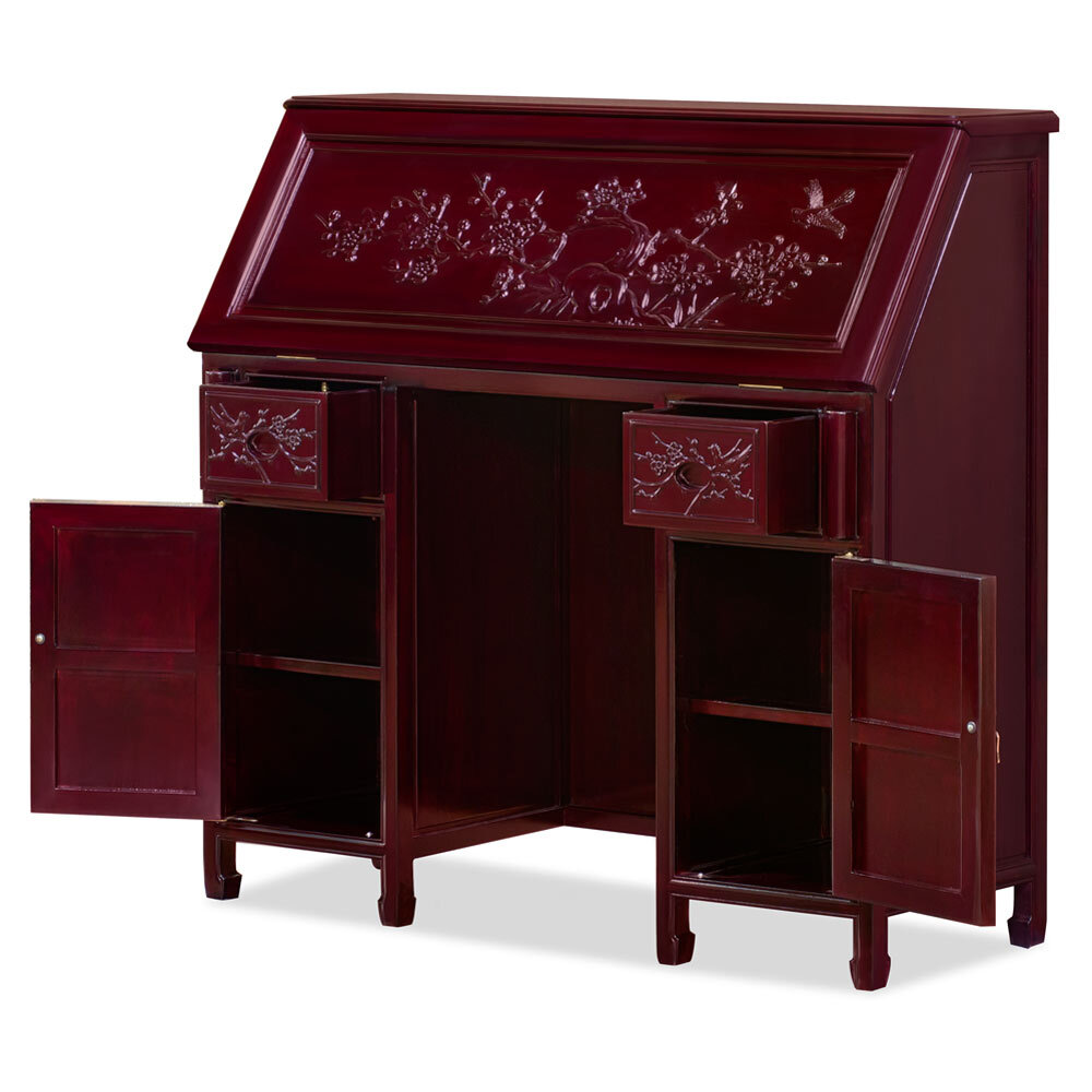 US SELLER – Dark Cherry Rosewood Flower Bird Design Asian Secretaire with Chair