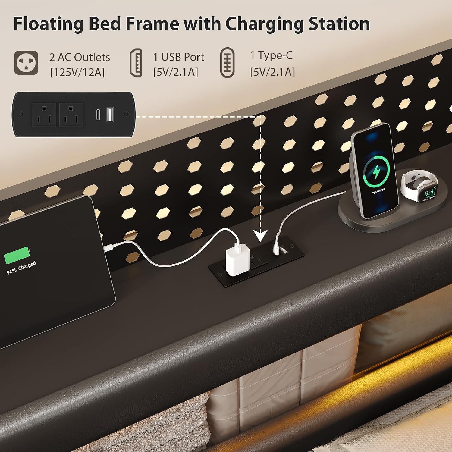California King Bed Frames, Floating Bed with Storage Headboard & LED Lights