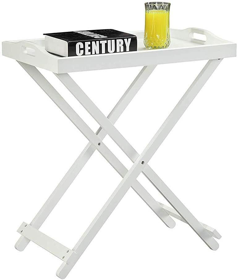 White Wooden TV Tray Folding Snack Table Lip Serving Accent Bamboo Portable Top