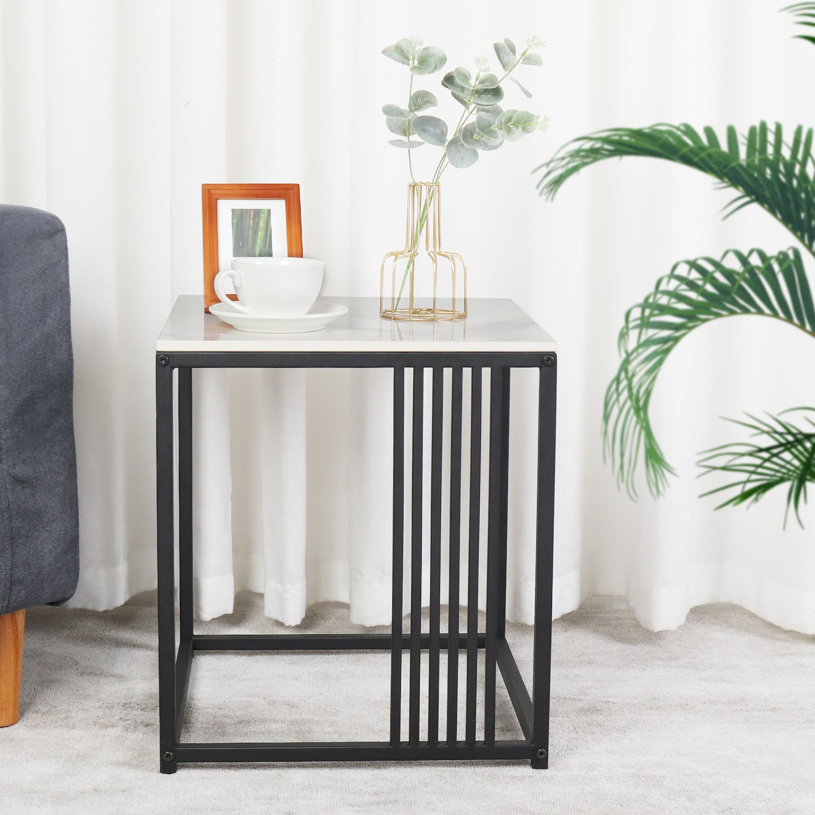 Luxury Faux Marble Accent Side Table Sintered Stone Top with Sturdy Metal Frame