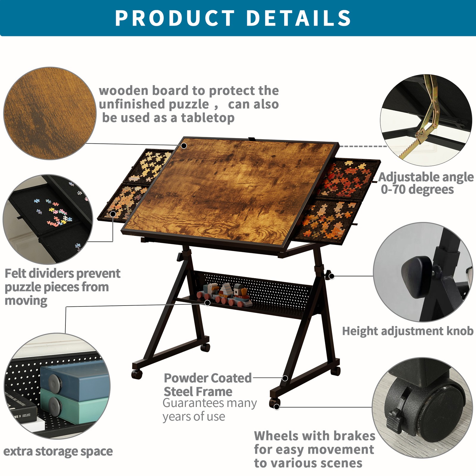 1500 Piece Jigsaw Puzzle Table Board for Adults, Metal with 4 Trays, Black