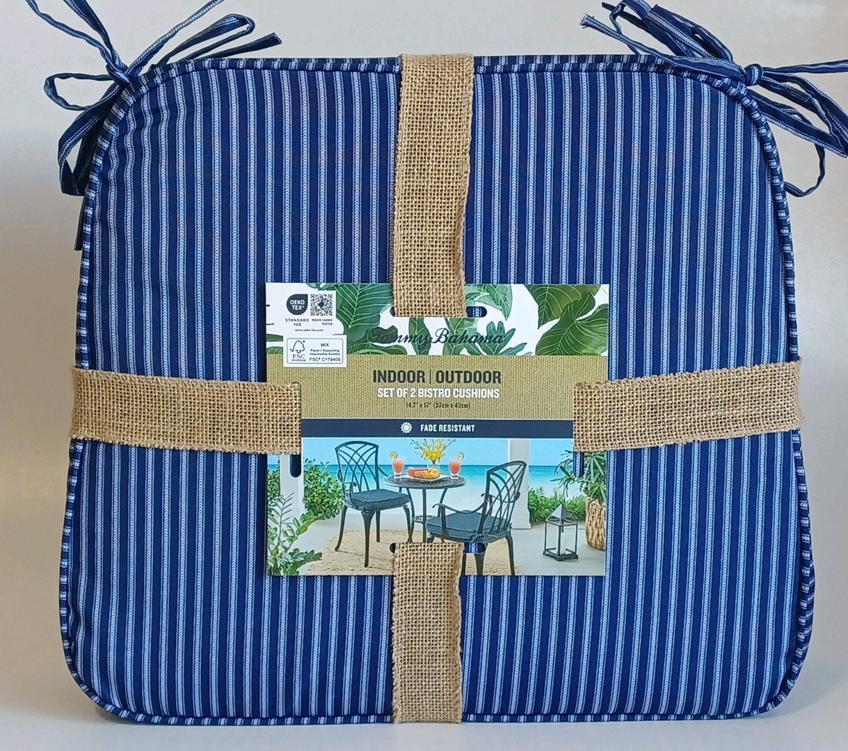 Tommy Bahama Chair Pads Navy Blue Stripe 14.7×17″ Shabby, Outdoor Polyester