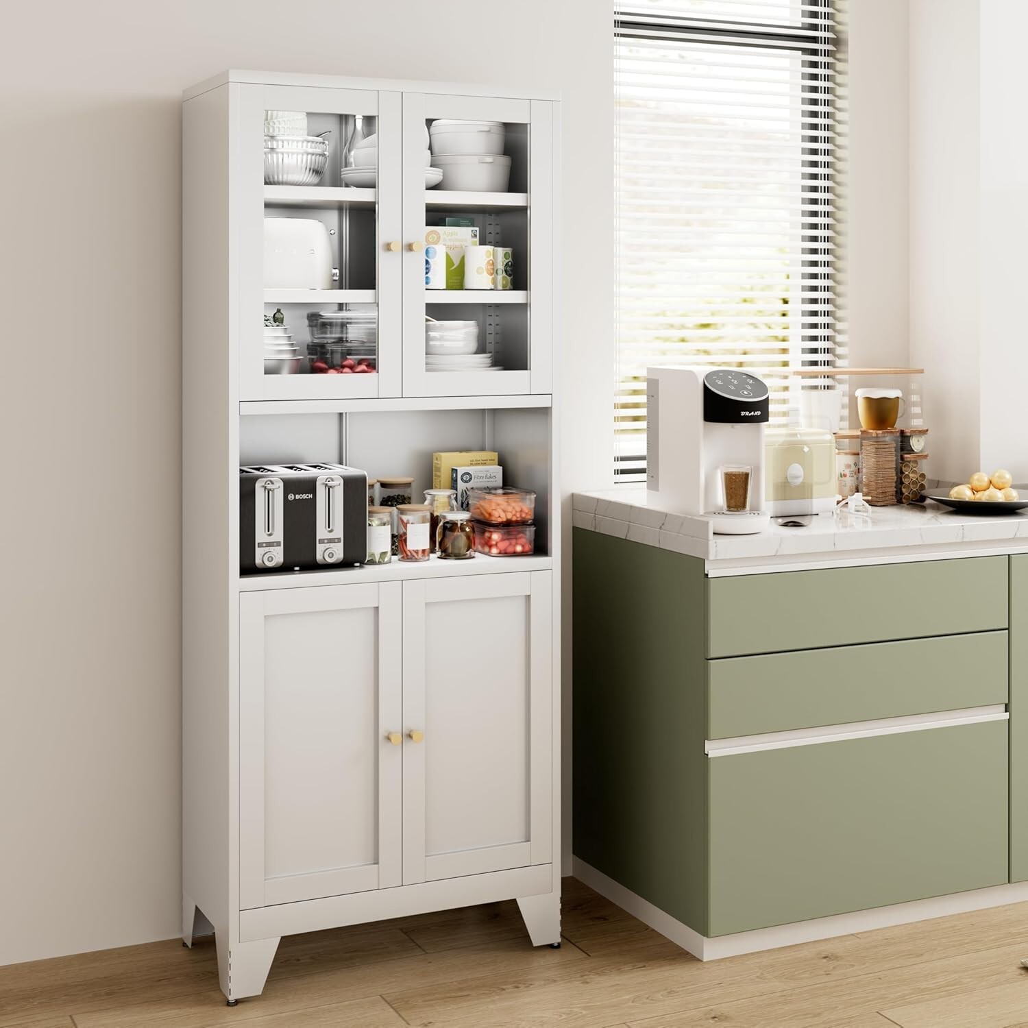 Elegro 69″ Metal Modern Kitchen Pantry Storage Cabinet With Glass Doors For Home