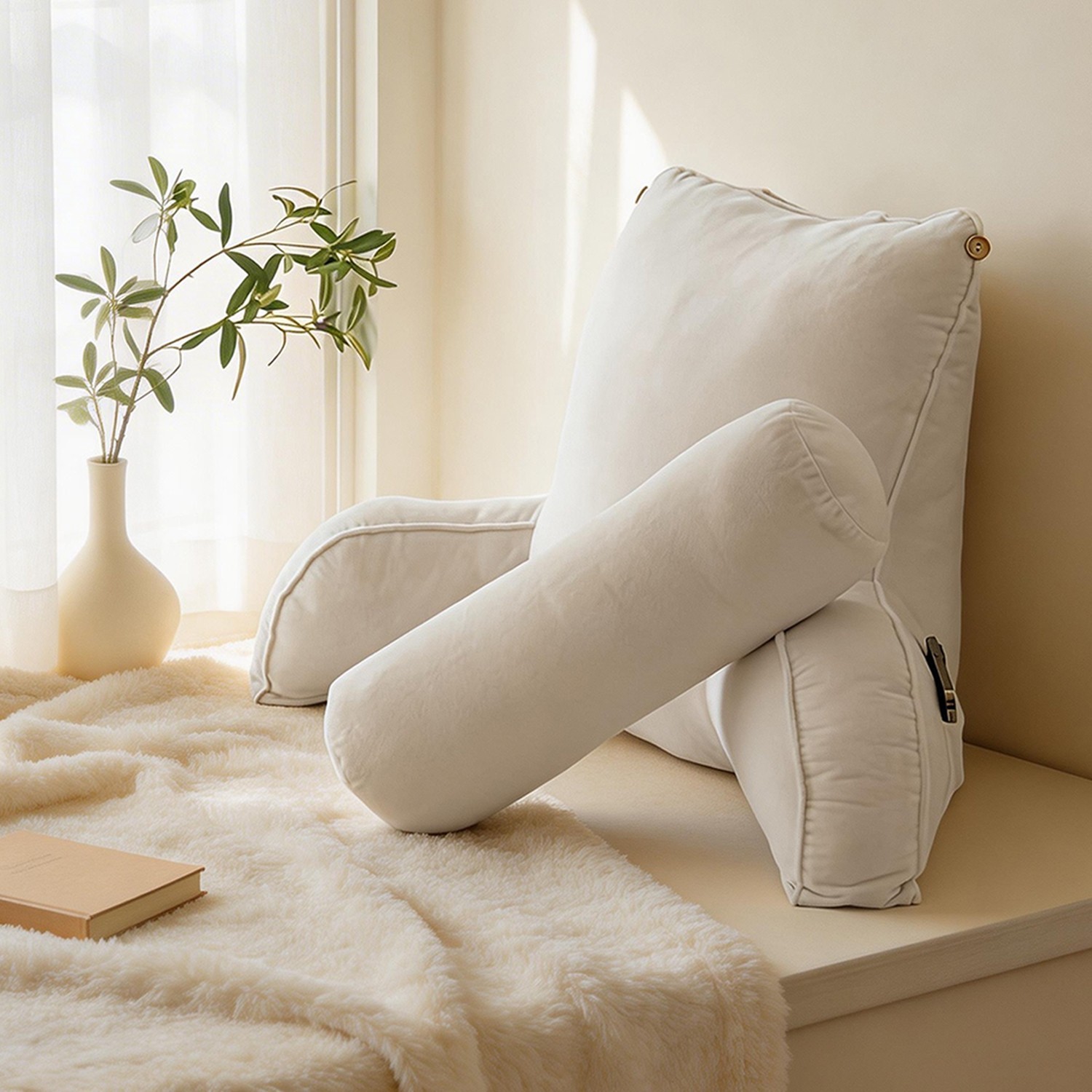 The reading pillow has a waist support, an armrest, and a neck support.