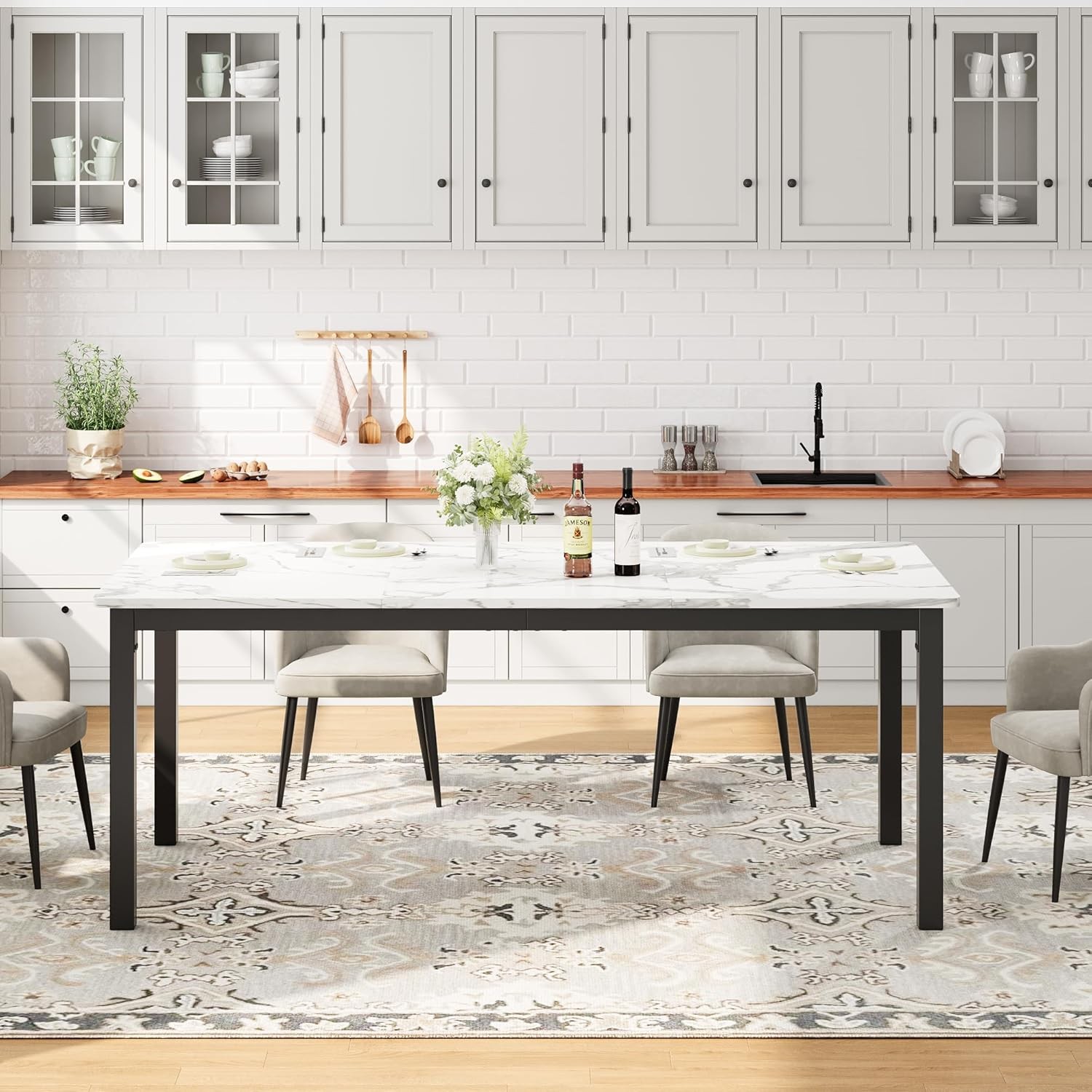 White 70.8 in Industrial Long Large Dining Table for 6-8 People Wooden Kitchen