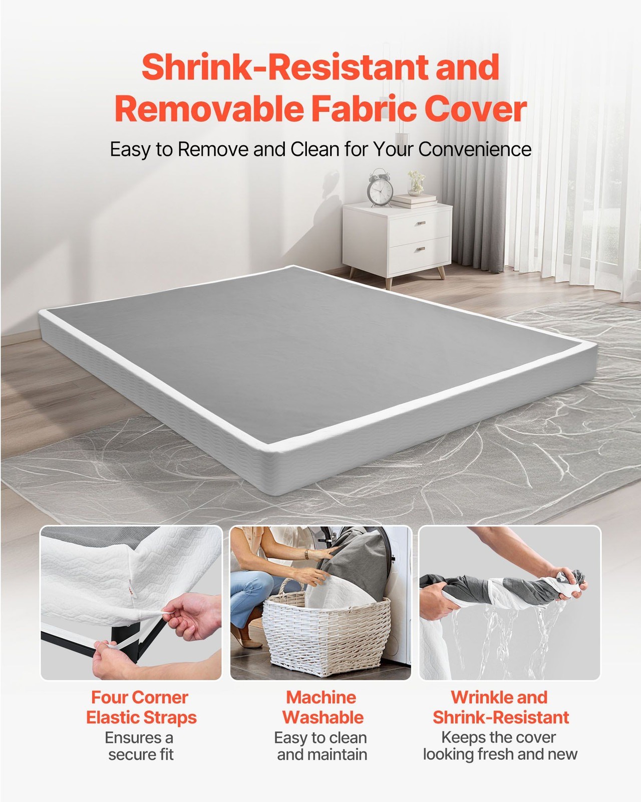 Queen Box Spring: 3500lb Steel Frame, 5.1in Height, Washable Fabric Cover