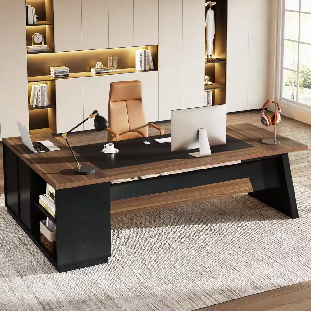 Capen 78 In. L Shaped Light Walnut and Black Wood Executive Desk with Lateral Fi