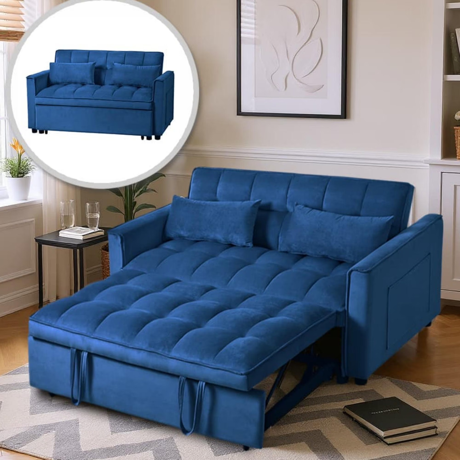 Convertible Sleeper Sofa Bed Pull Out Couch Adjustable Backrest Loveseat Blue