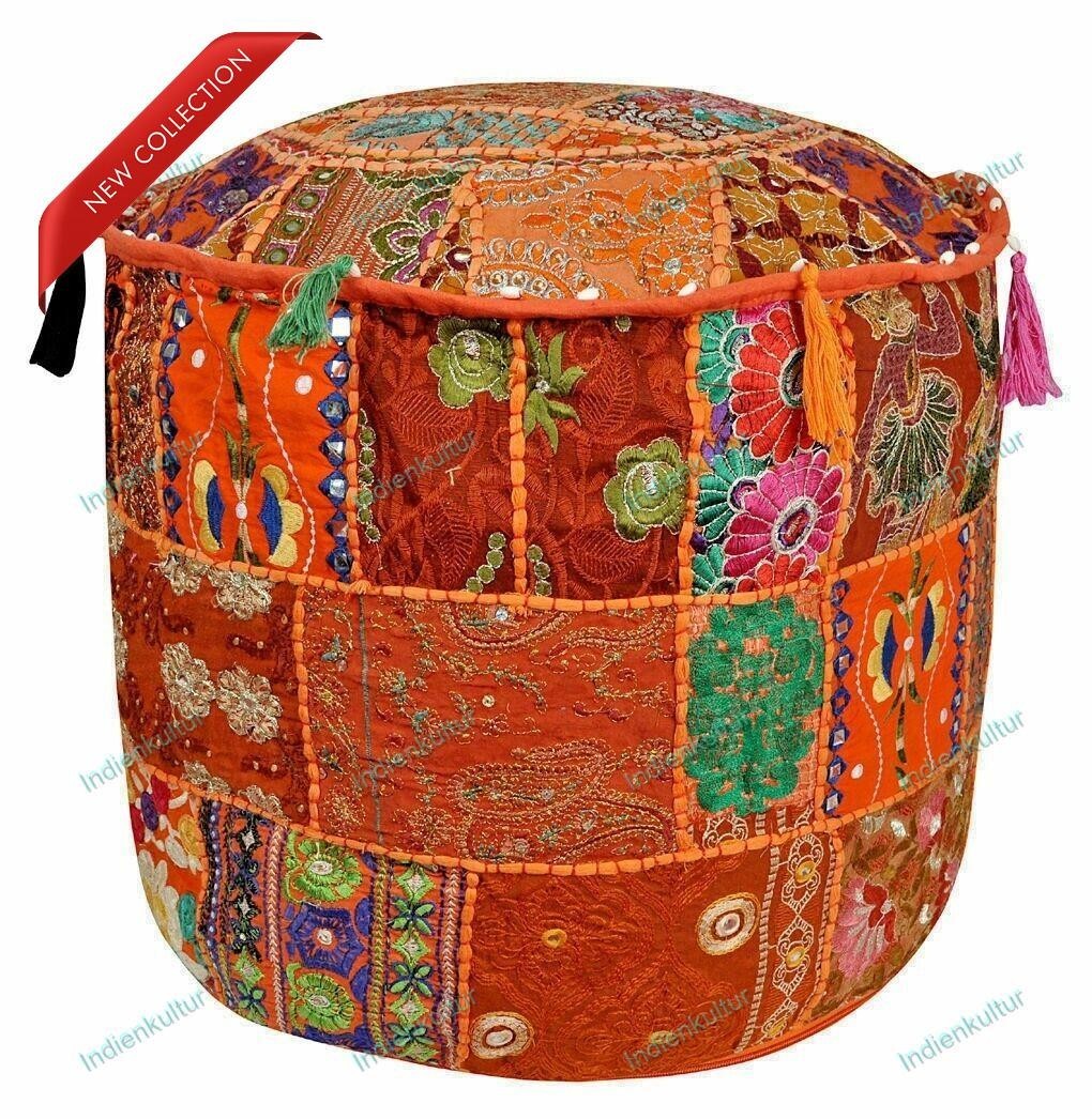 Cotton Bohemian Floral Poufs Foot Stool Embroidered Indian Ottoman
