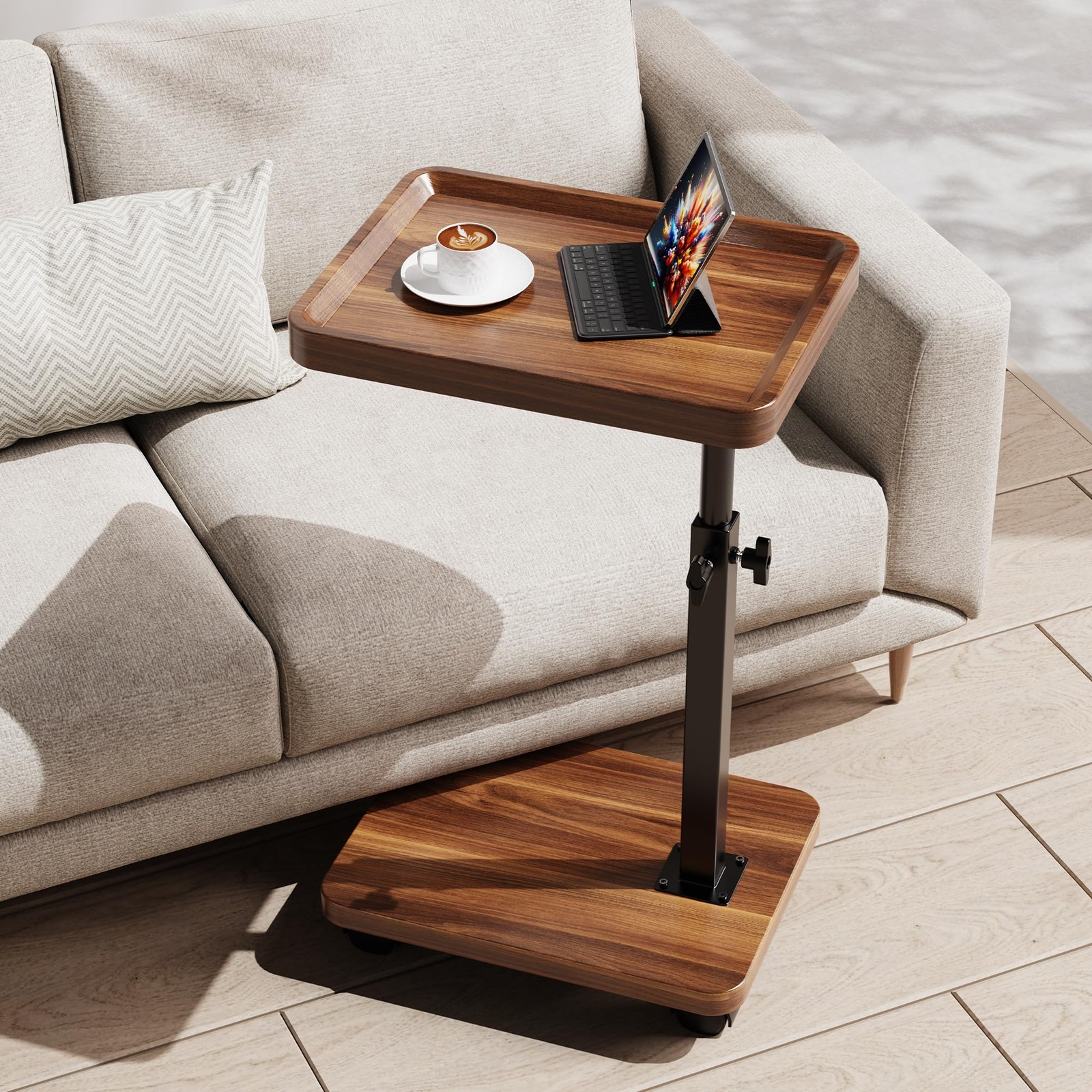 C Table Swivel Tray Adjustable Height Rolling Side Table Walnut Bed Couch