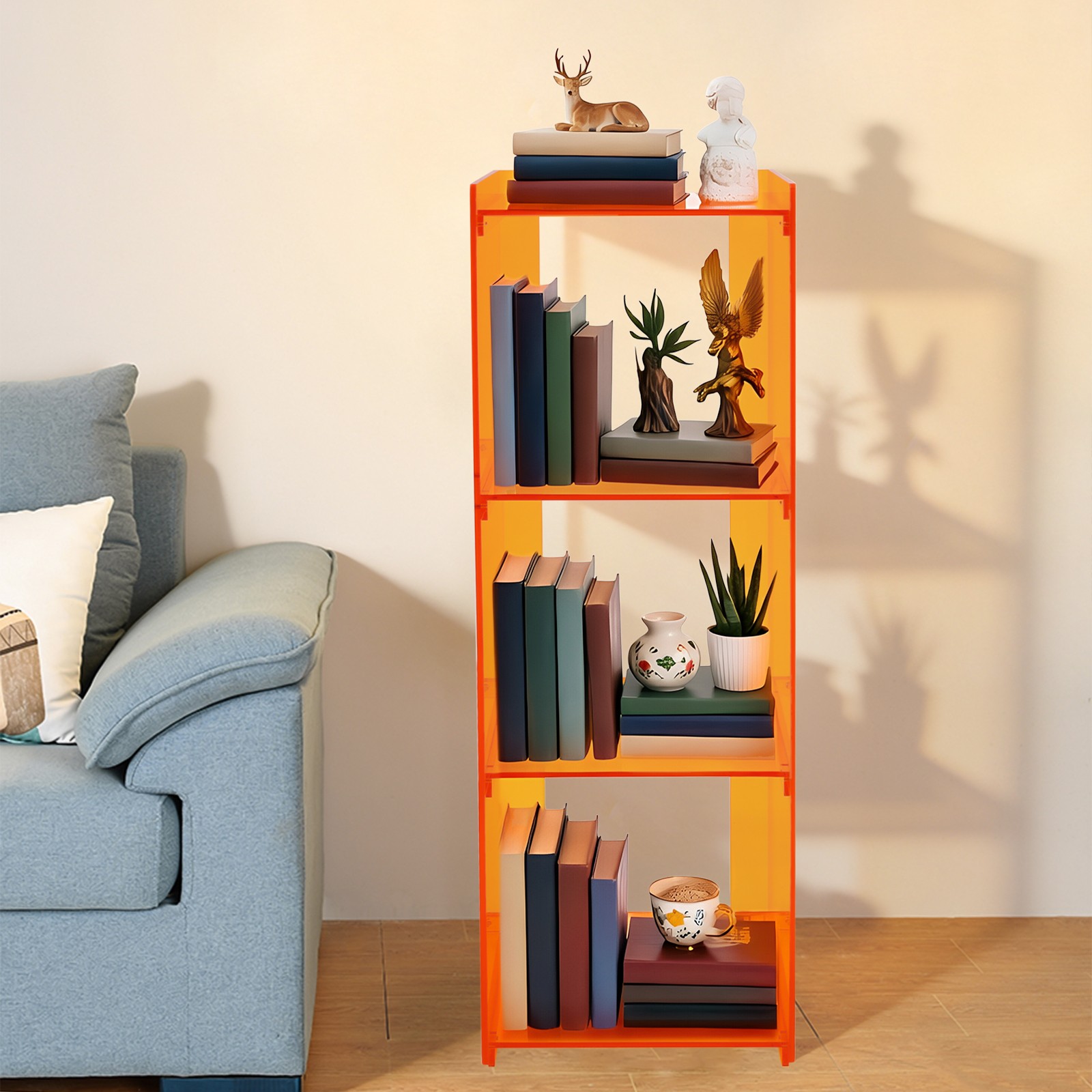 Orange Acrylic Storage Bookcase, Standing Display Bookshelf 43.3*13.8*11.8in