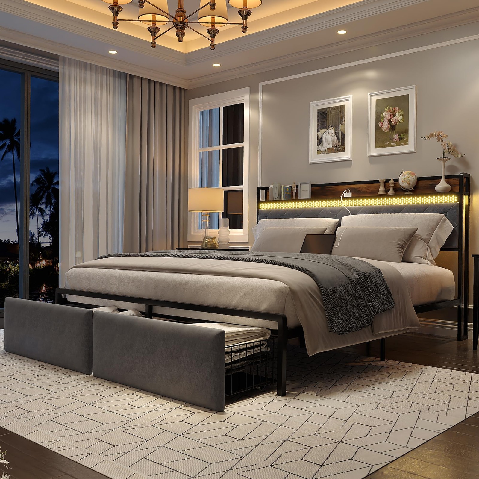 IDEALHOUSE King Size Bed Frame with Storage Headboard and 2 Drawers, Platform…