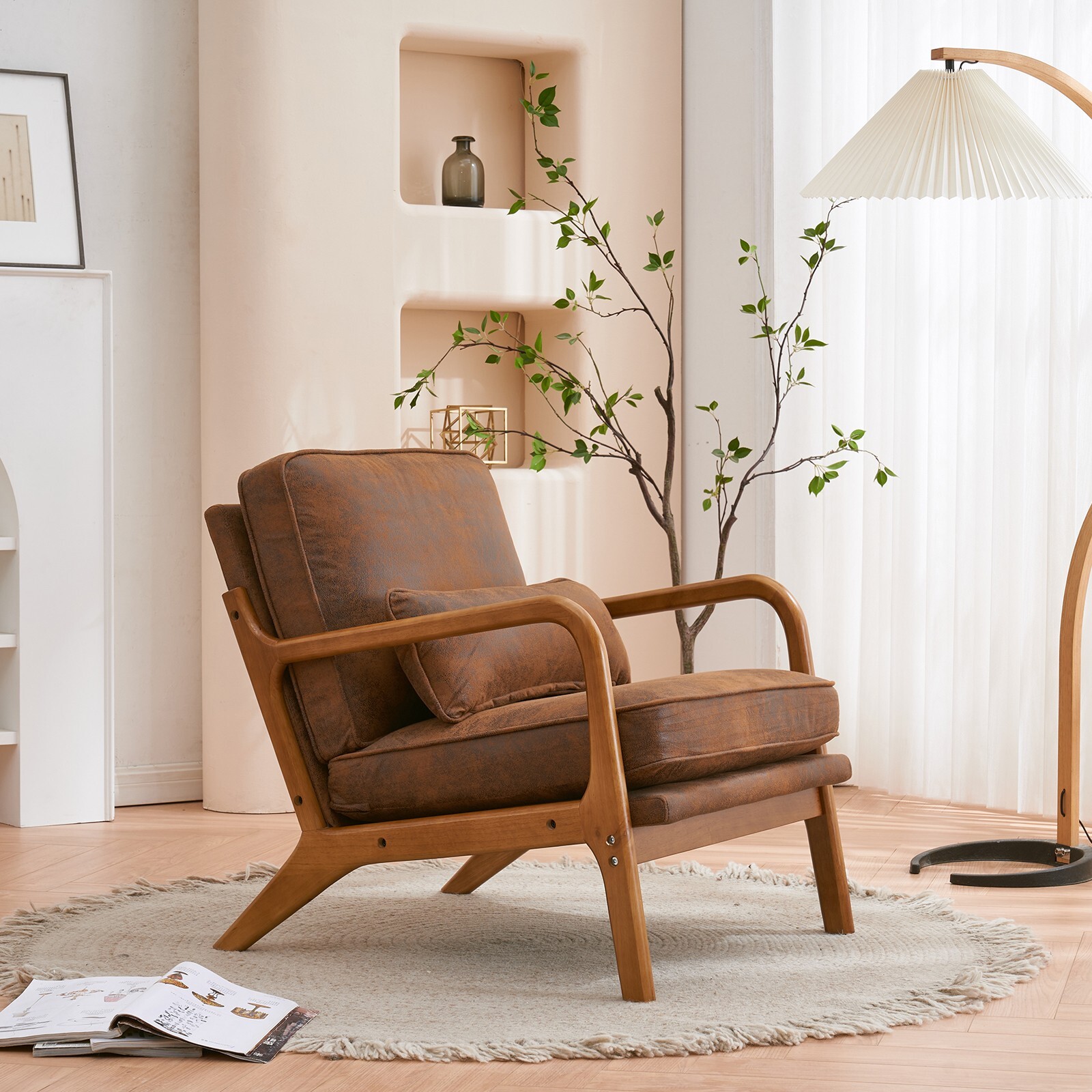 Oak Modern Accent Arm Chair PU Leather Single Sofa Seat Leisure Living Room