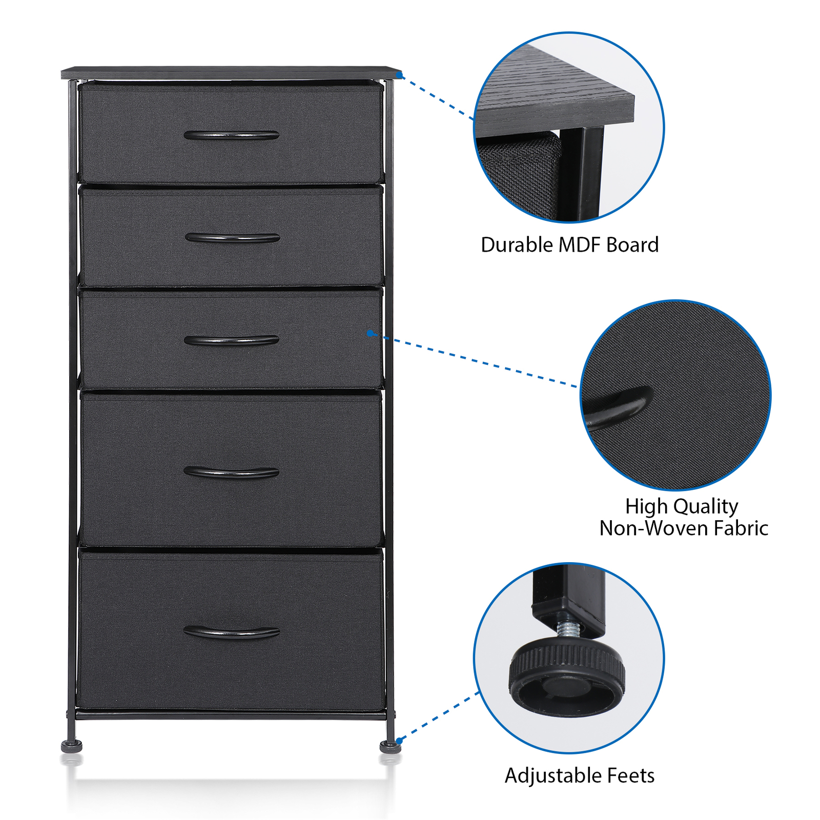 Fabric Dresser Storage with 5 Drawers Sturdy Metal Frame, Wood Top for Bedroom