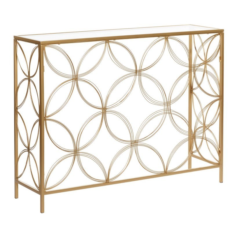 Contemporary Metal Console Table Gold: Sleek Entryway, Foyer, Glass Top 42″