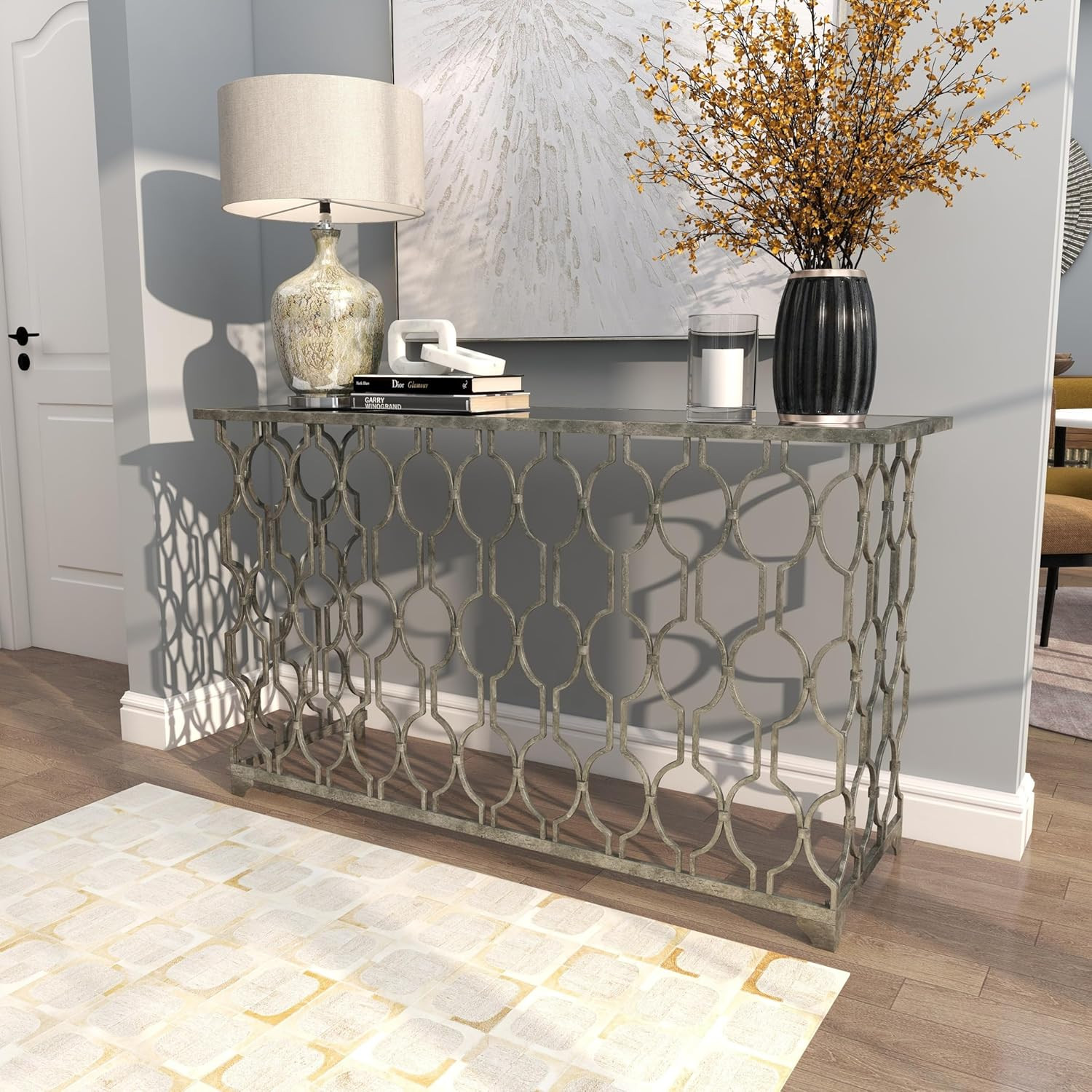 Stylish Silver Metal Geometric Console Table with Mirrored Glass Top, 55