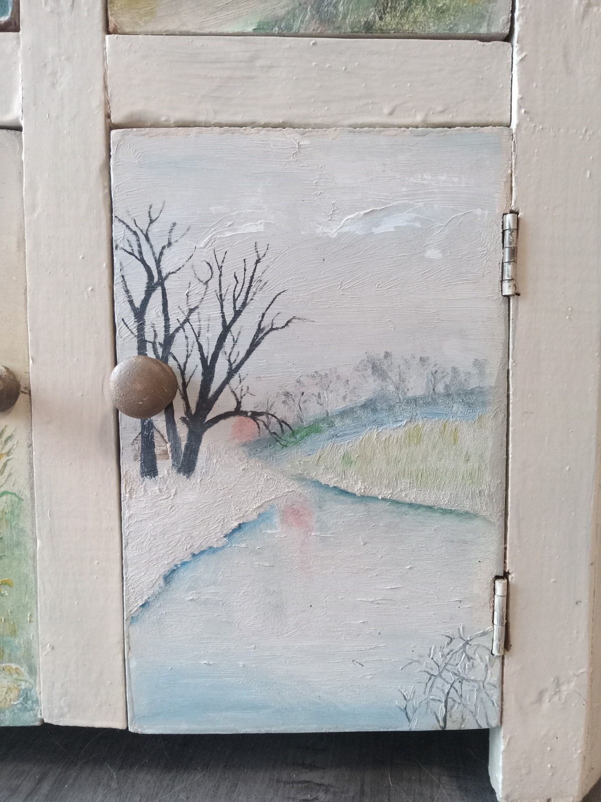 1960 C. Reinhold Hand-Painted Rustic Wood 21″ Corner Hanging Cabinet OOAK