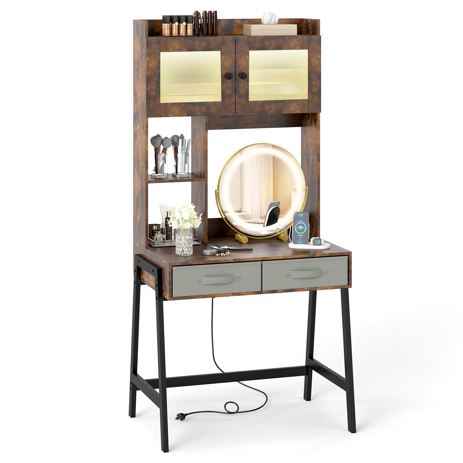 Vanity Desk w/ Mirror and Lights, Makeup Dressing Table w/ 3 Lighting Modes