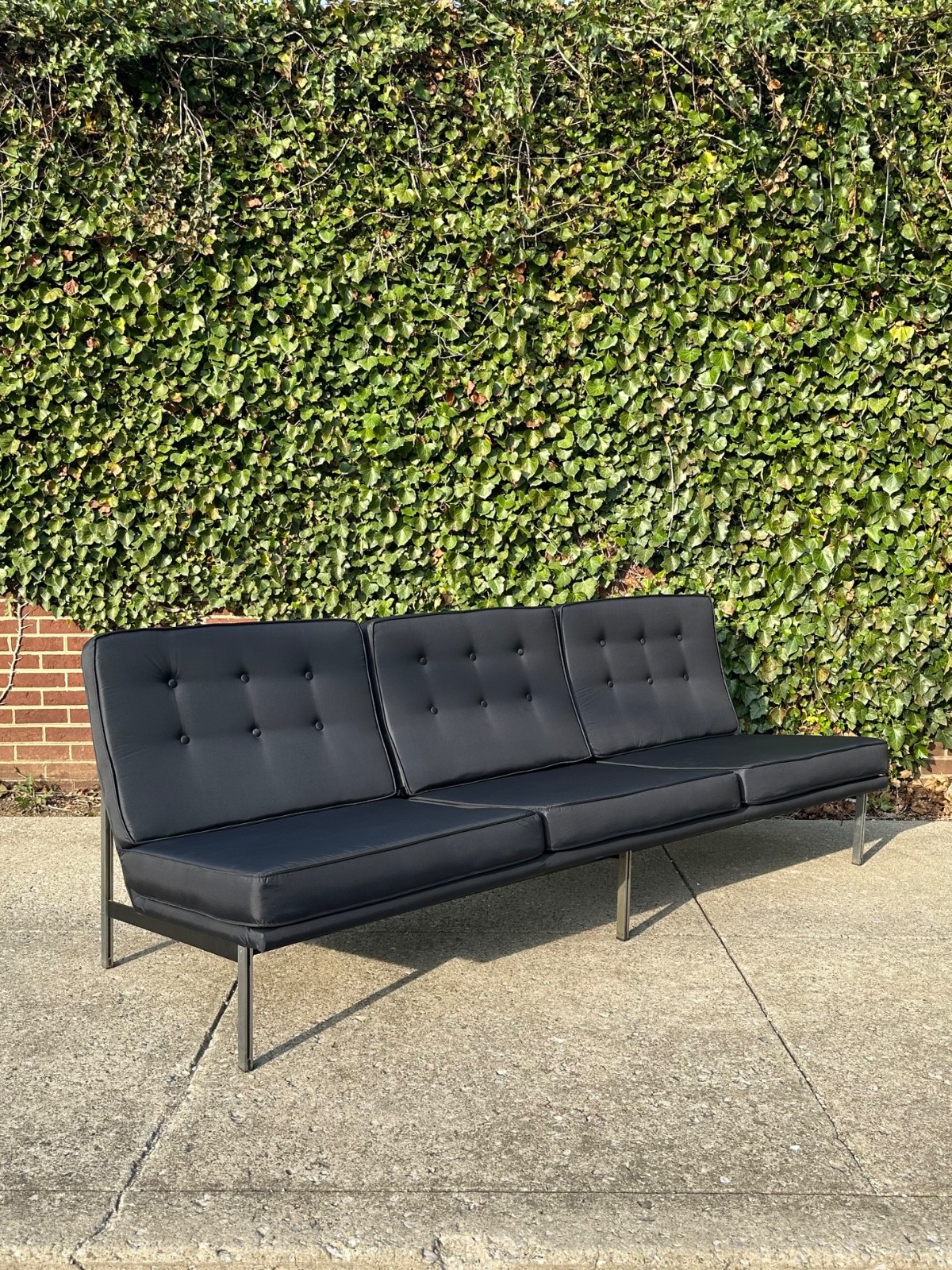 1950s Florence Knoll Parallel Bar System Three Seat Sofa Black Ripstoff Fabric