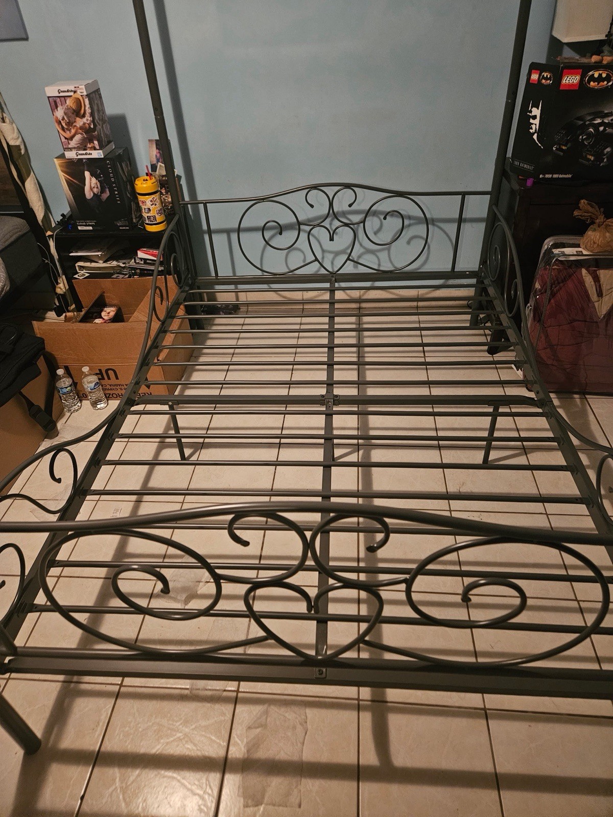 Full Gray Matte Metal Canopy Bed Frame w/ Slatted Foundation, Scrollwork