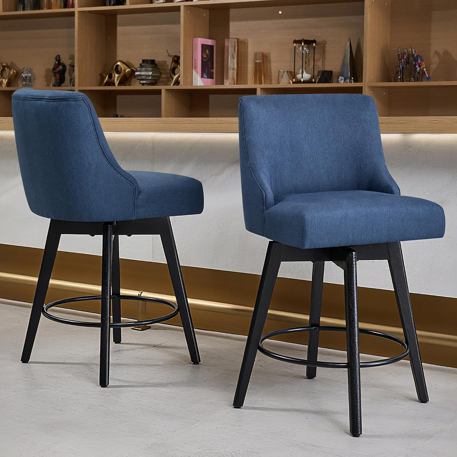 Blue Linen Counter Height Swivel Bar Stools, Set of 2 with Solid Wood Legs