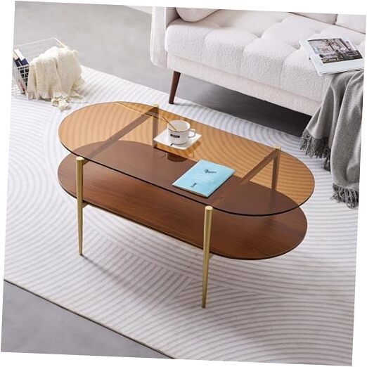 Oval Glass Coffee Table, Mid-Century L41″ Oval Coffee Table Amber & Walnut