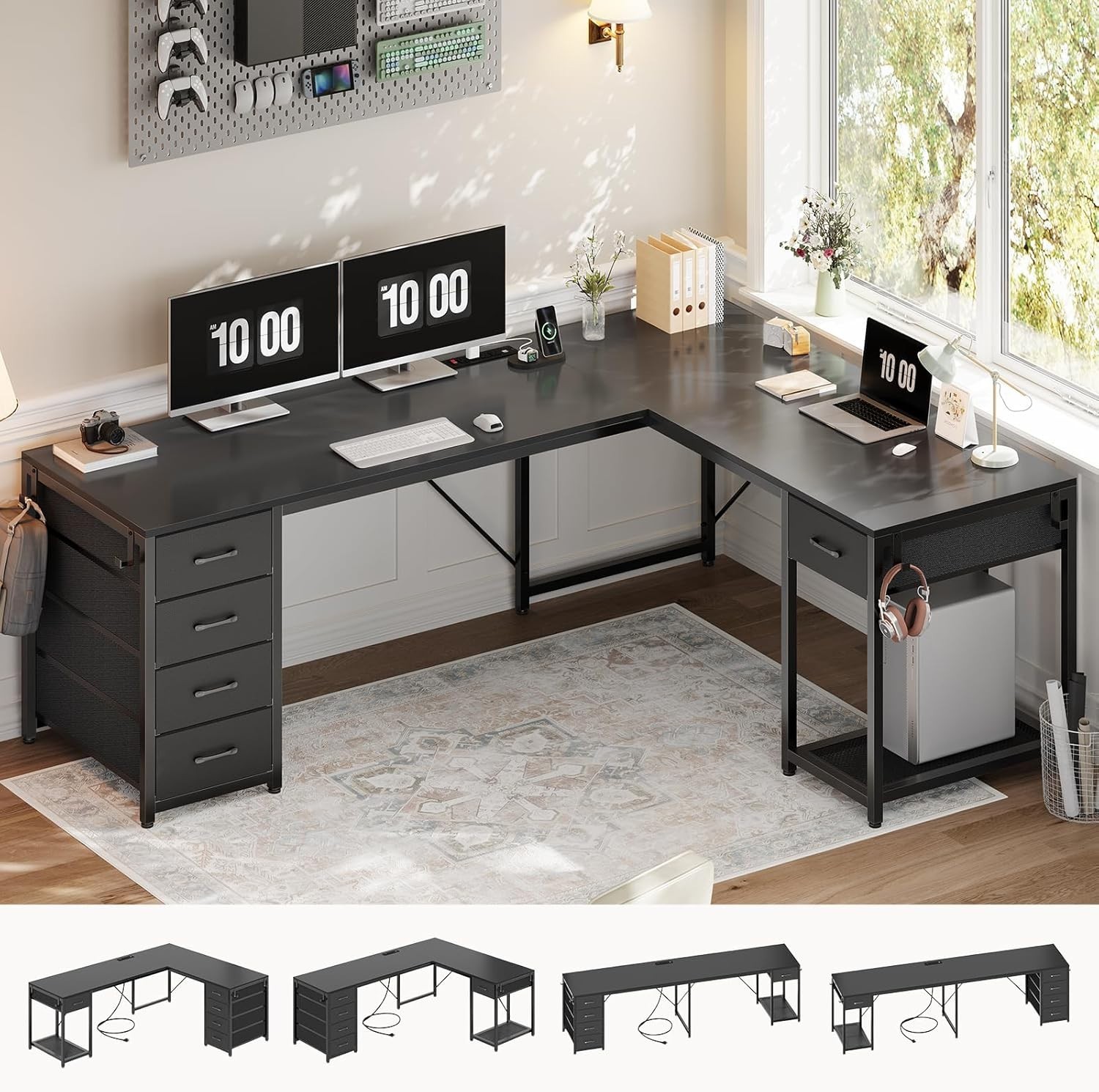L Shaped Computer Desk with 5 Drawers Modern Reversible 78.7″ Long 2 Person Desk
