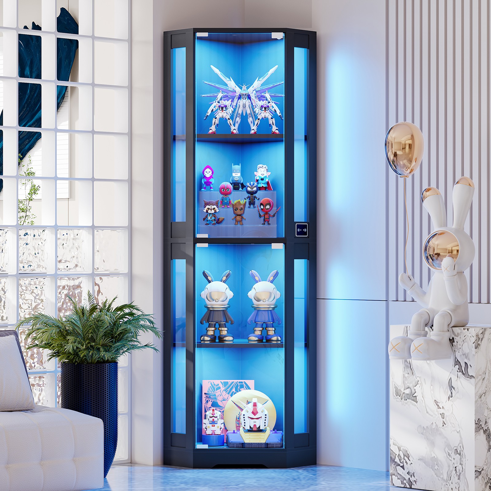 BROTTAR 4-Tier Corner Glass Curio Display Cabinet with Doors & 3-Color LED Light