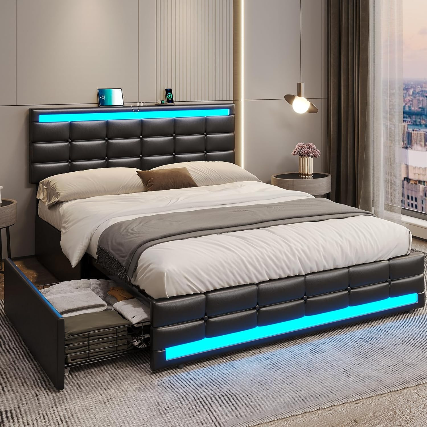 ADORNEVE Queen Bed Frame with LED Lights Leather Platform Bed with Storage Drawe