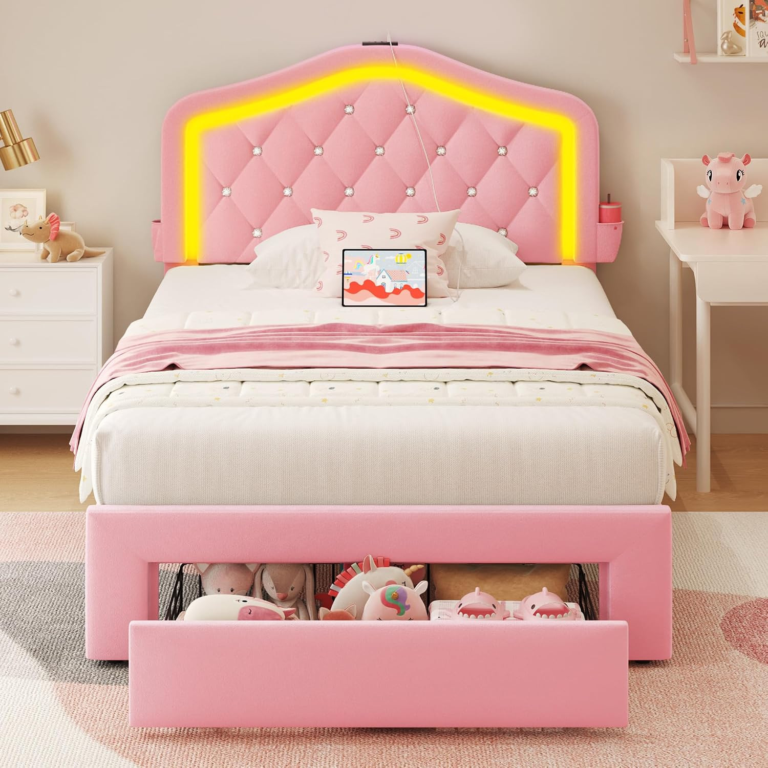 Twin Bed Frame with Adjustable Tiara Headboard, Velvet Upholstered Girls Platfor