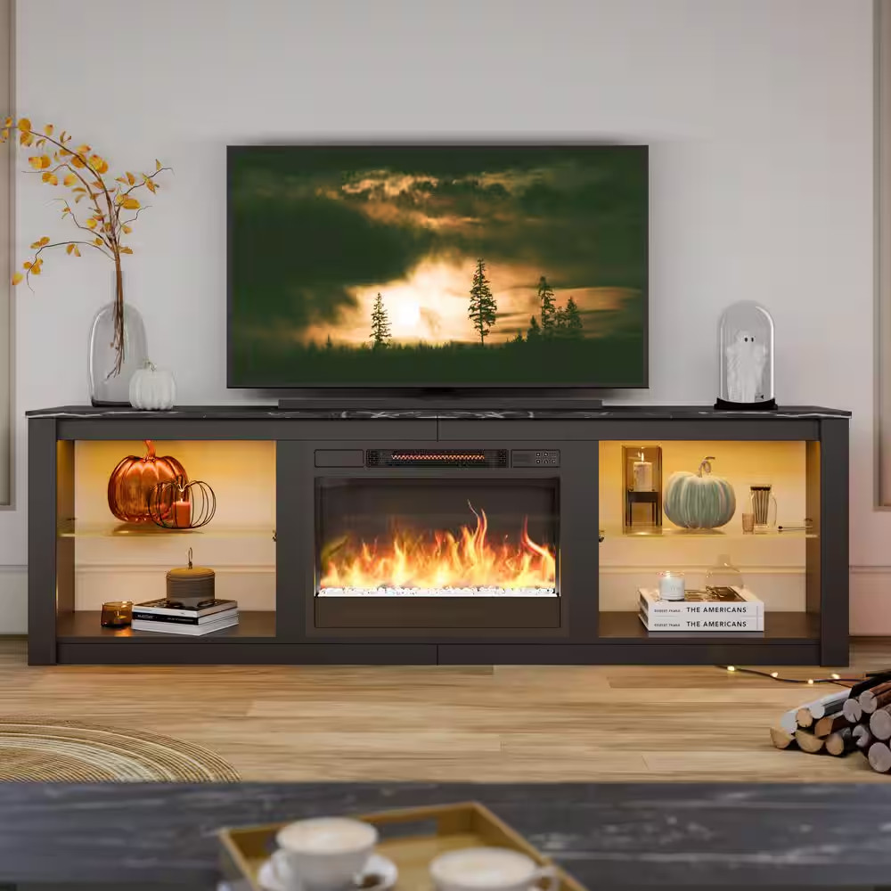 70.8 In. Black TV Stand with Fireplace Fits Tvs up to 75 In. LED Entertainment C