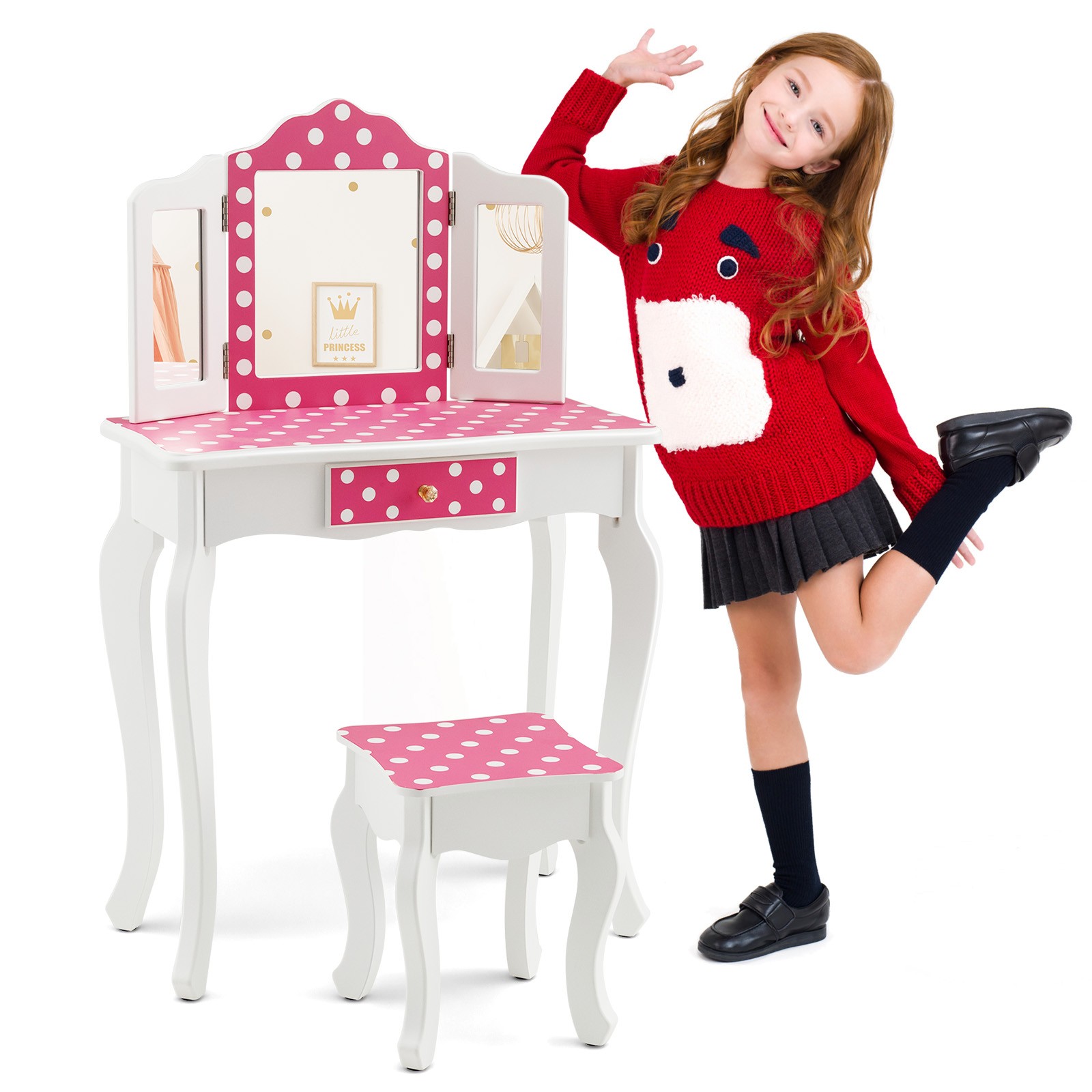 Kid Vanity Set Wooden Makeup Table Stool Tri-Folding Mirror Polka Dot Print Pink