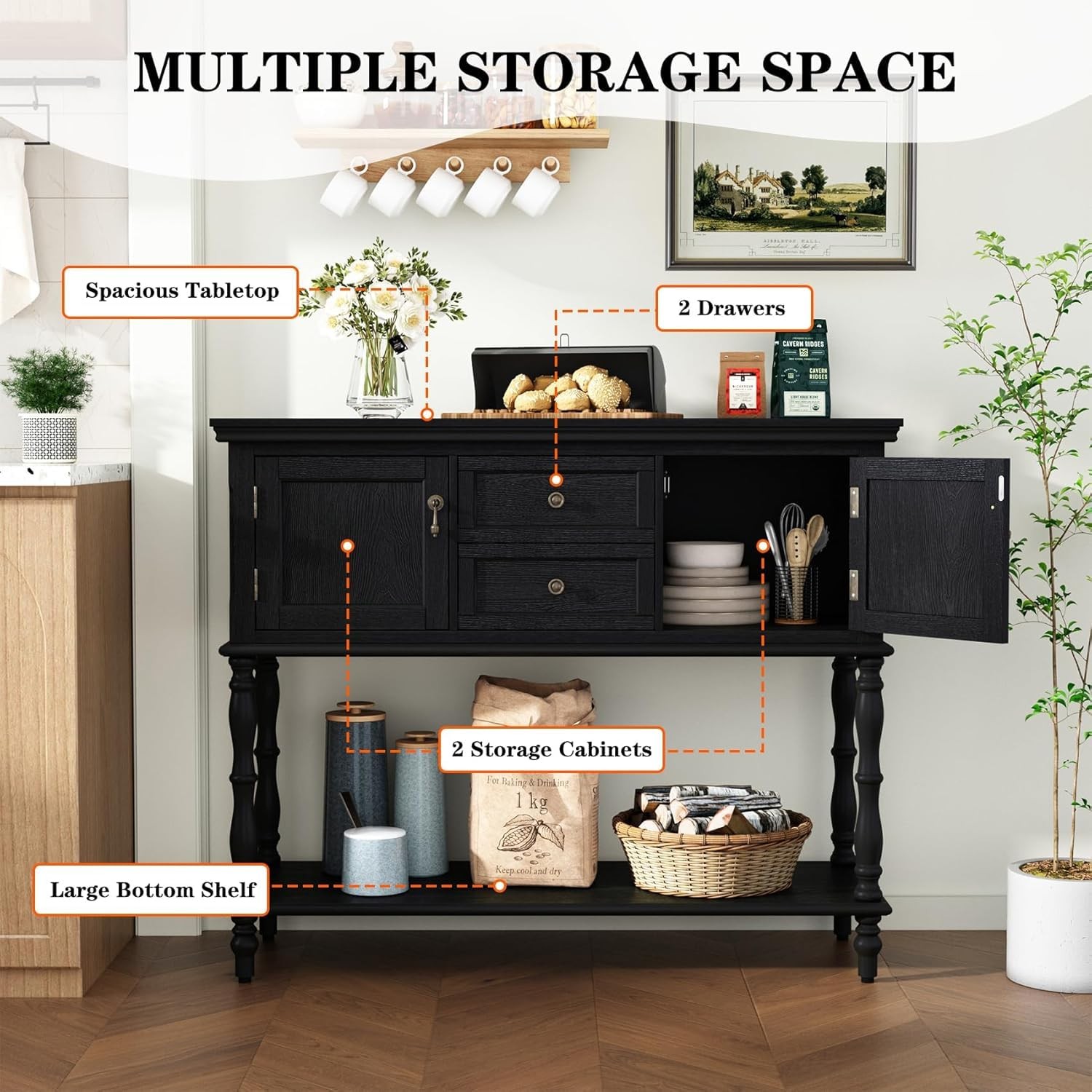 Console Table Entryway Table with 2 Door Cabinets & Open Storage Shelf for Foyer