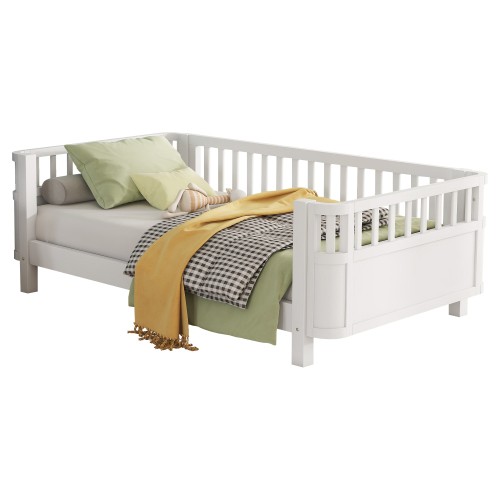 Twin Size Wood Platform Bed for Kids,Wood Low Profile Bed Frame with Rails White