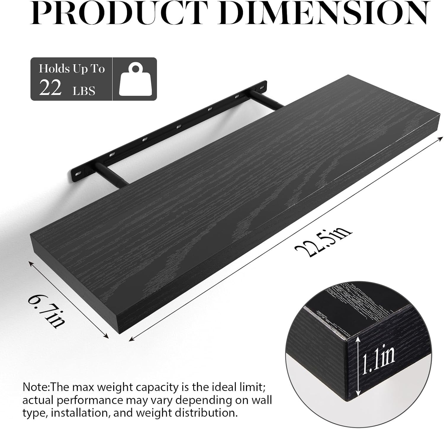 NEW BAYKA Floating Shelves Set of 3 Wall Mounted Rustic Wood 22.5in Black Storag