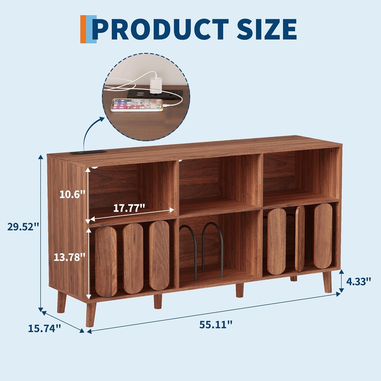 Record Player Stand Media Console with Charging Vinyl Record Storage Cabinet