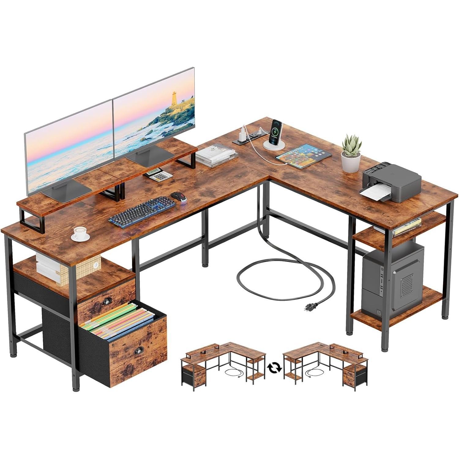 L-shaped Office Desk With Power Socket, Reversible Computer Game Table, Fabric