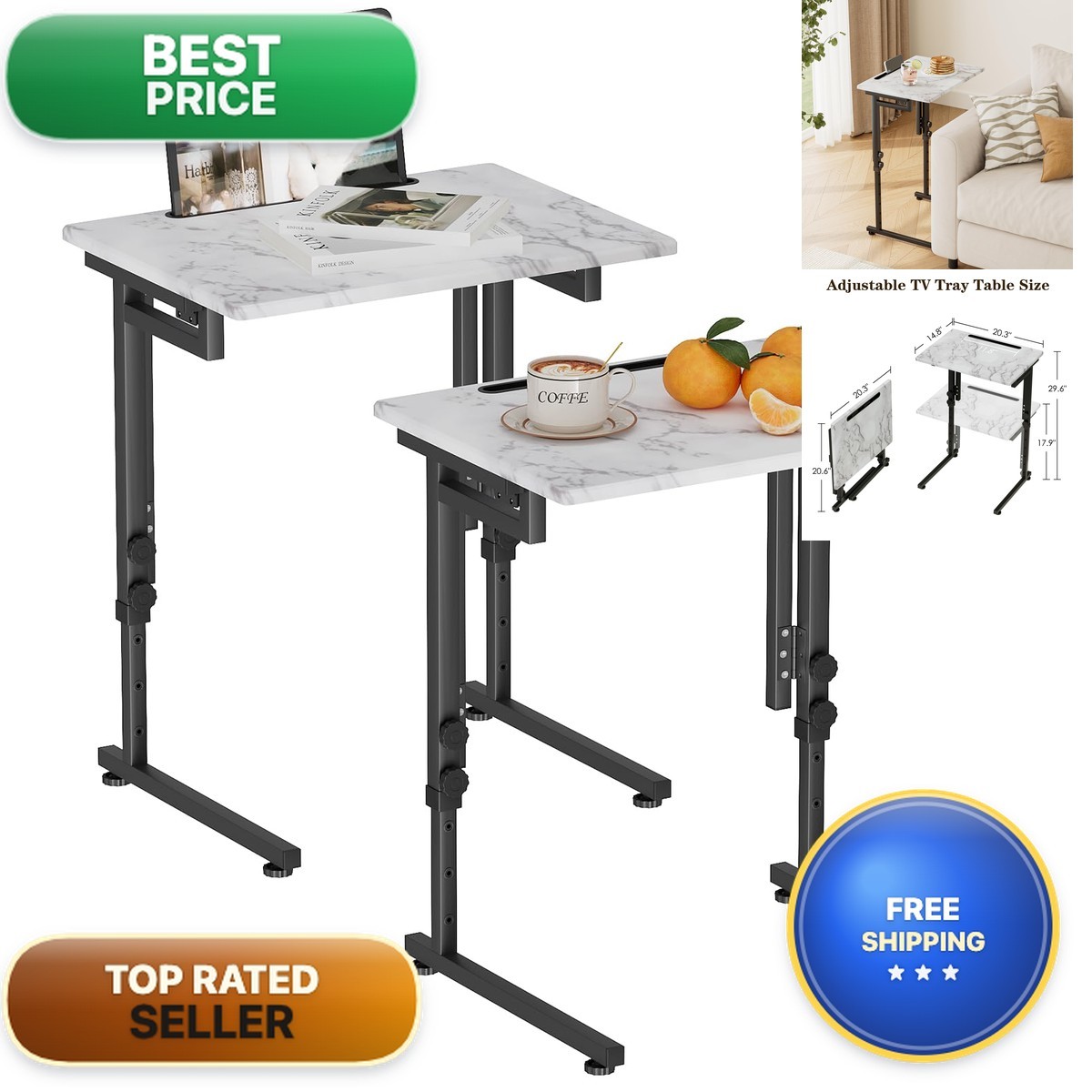 Fleecy day C-Shaped End Tray TV Tray White Marble 2Pcs No Assembly Required