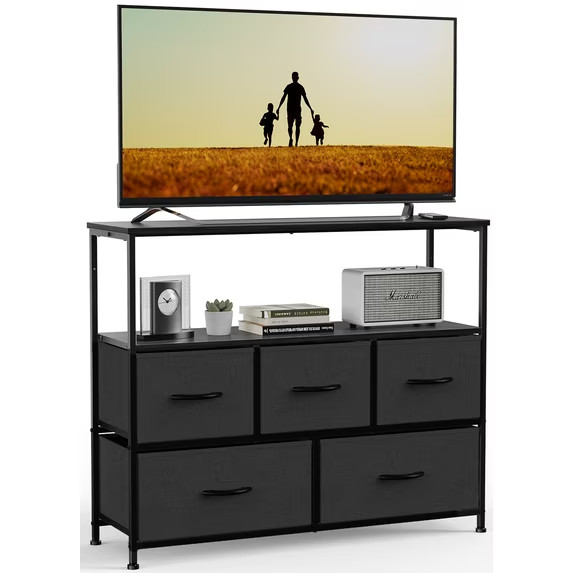 CONCETTA 5-Drawer Fabric Dresser Black TV Stand with Shelf