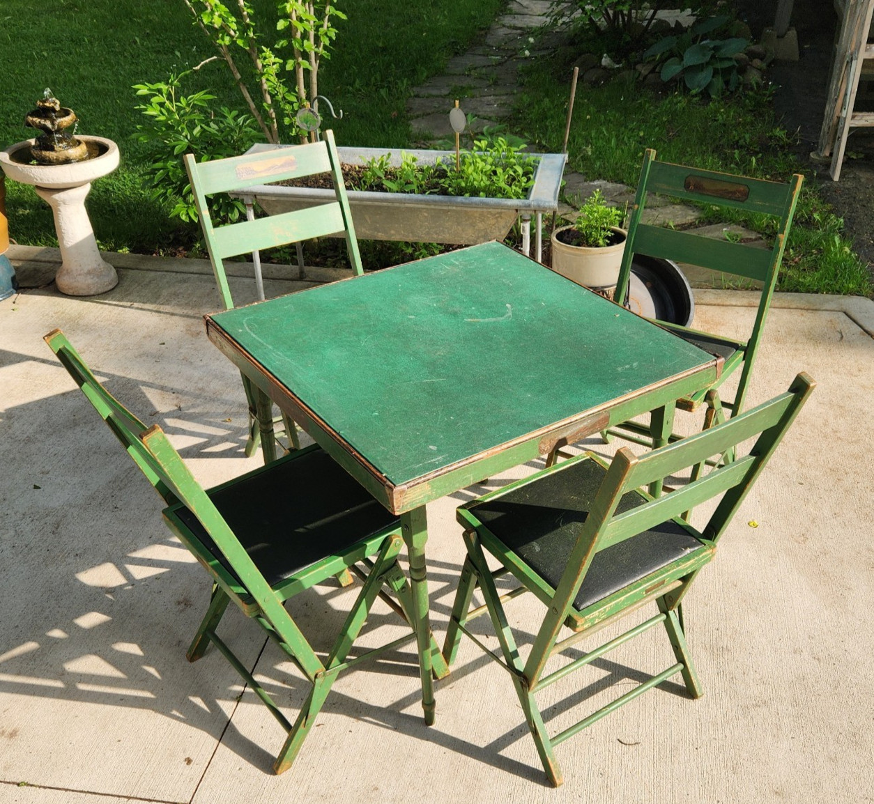VTG Gold Metal FOLDING Furniture Co Green Wood TABLE & 4 CHAIRS Camp Card