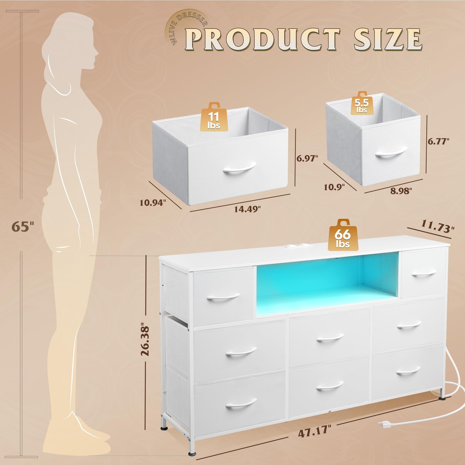 WLIVE White Dresser TV Stand for 45, 50, 11.73″D X 47.17″W X 26.38″H,