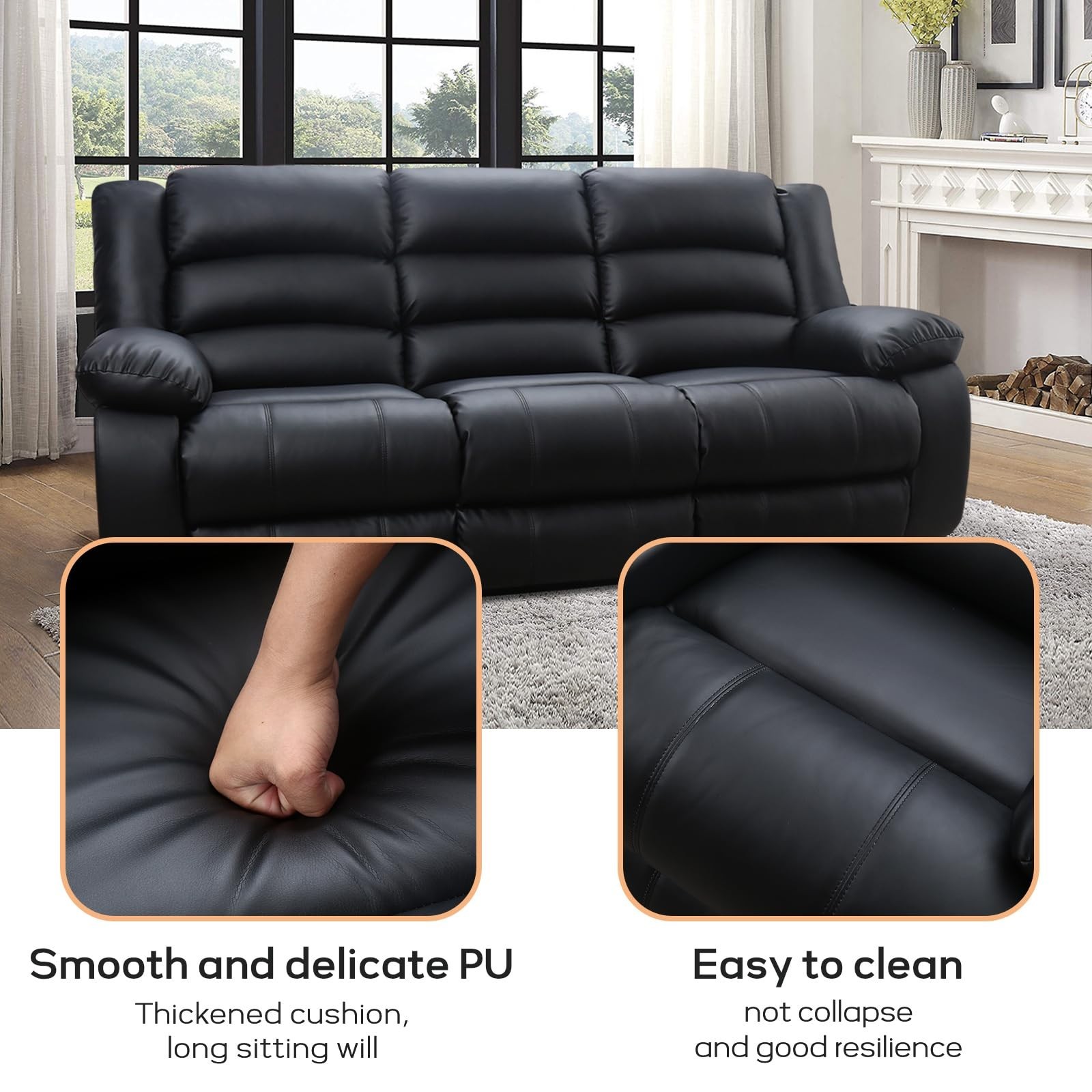 Canmov Faux Leather 3-seat Manual Reclining Sofa with 2 Concealed Cup Holders