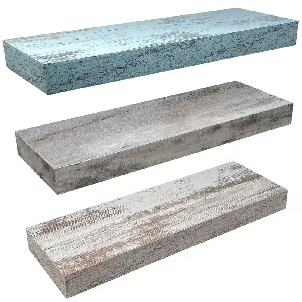 Set of 3 Floating Shelves, Wall Mounted, 16.25 In. W X 5.5 In. D Rustic White/Gr