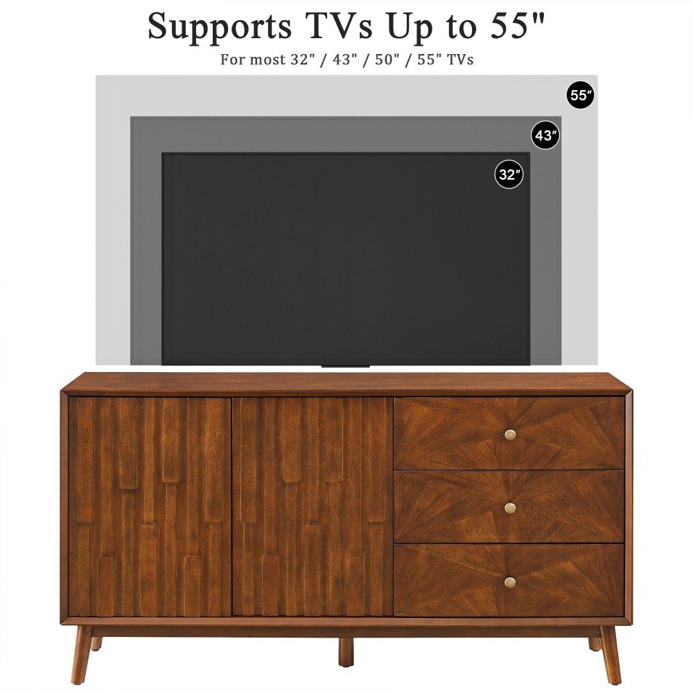 56 Inch Walnut Mid Century Modern TV Stand Solid Wood MDF Entertainment Center
