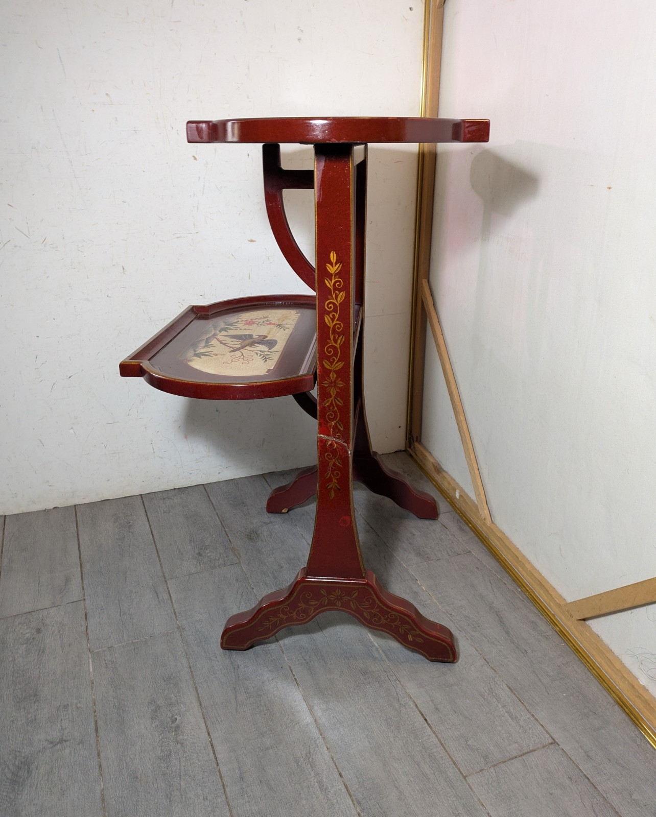 Vintage Asian Chinoiserie Folding Butler Tray Table Hand Painted Birds Red/Gold
